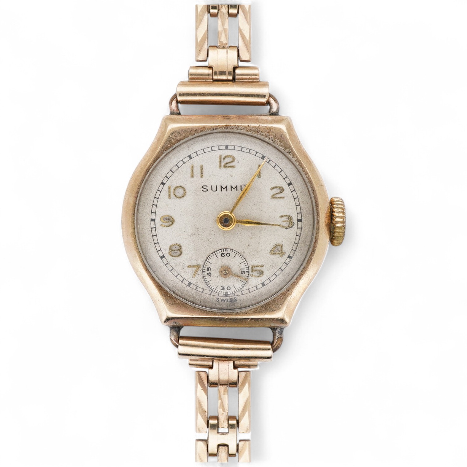 A lady's 1970's 9ct gold Summit manual wind wrist watch, with Arabic dial and subsidiary seconds, on a 9ct gold bracelet, case diameter 21mm, overall length 18.2cm, gross weight 16.3 grams.